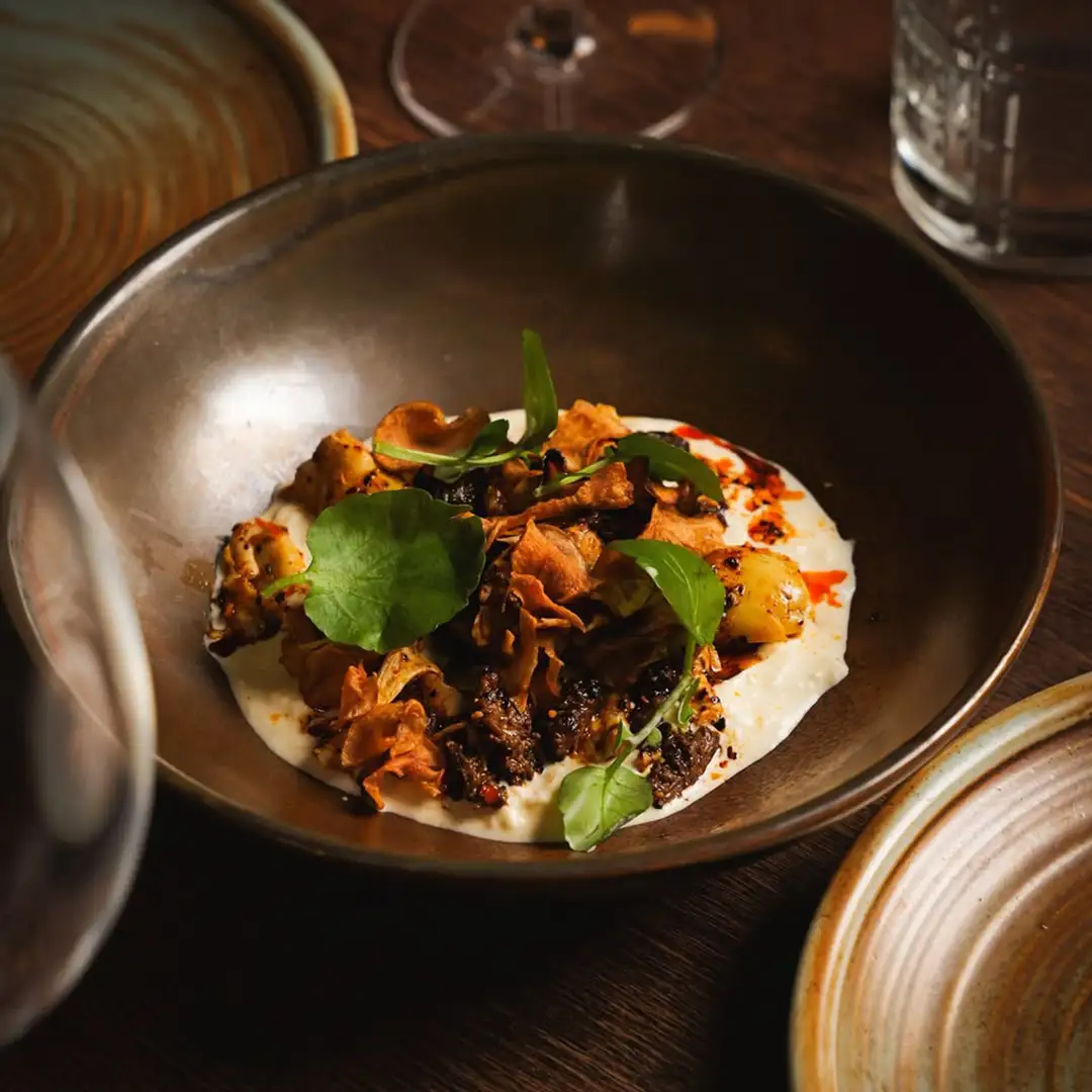 Stracciatella, with artichoke heart, morel mushroom and salsa macha.